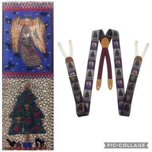 Cole Haan Christmas Tree Angel Suspenders Braces Silk Leather Embroidered